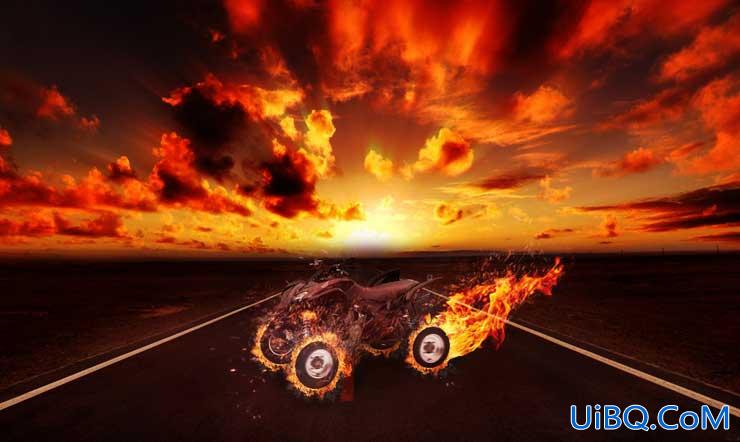 PS合成熊熊燃烧的沙滩摩托车，烈火战车、火焰摩托车