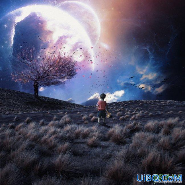 PS创意合成梦幻意境场景中仰望星空的小男孩儿