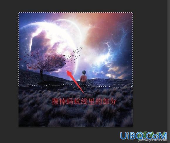 PS创意合成梦幻意境场景中仰望星空的小男孩儿