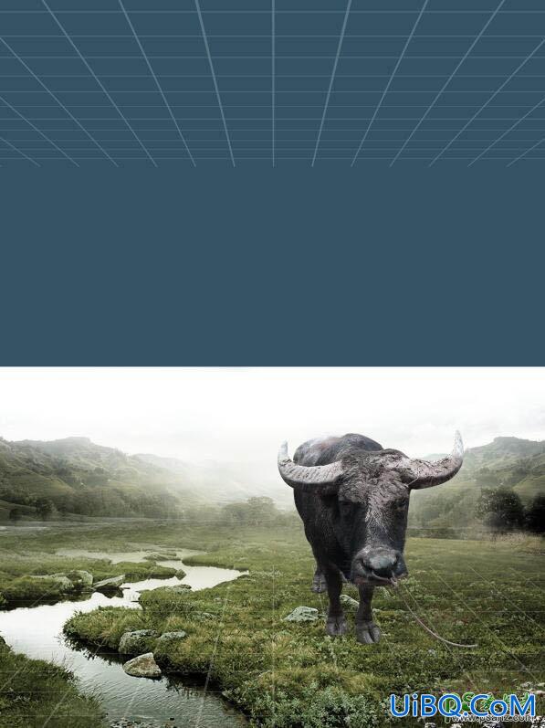 PS创意合成一头在野外孤独流浪的野牛场景海报