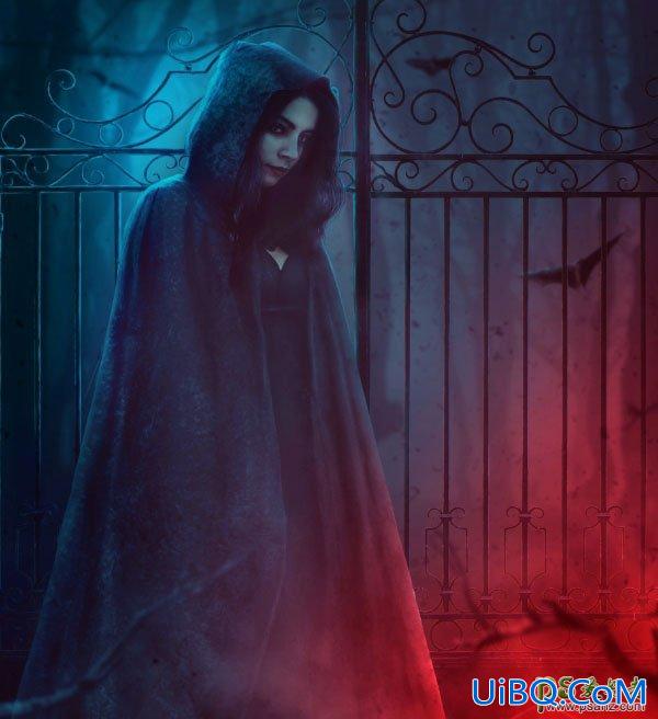 PS合成一幅地狱铁门前恐怖的美女幽灵场景图片