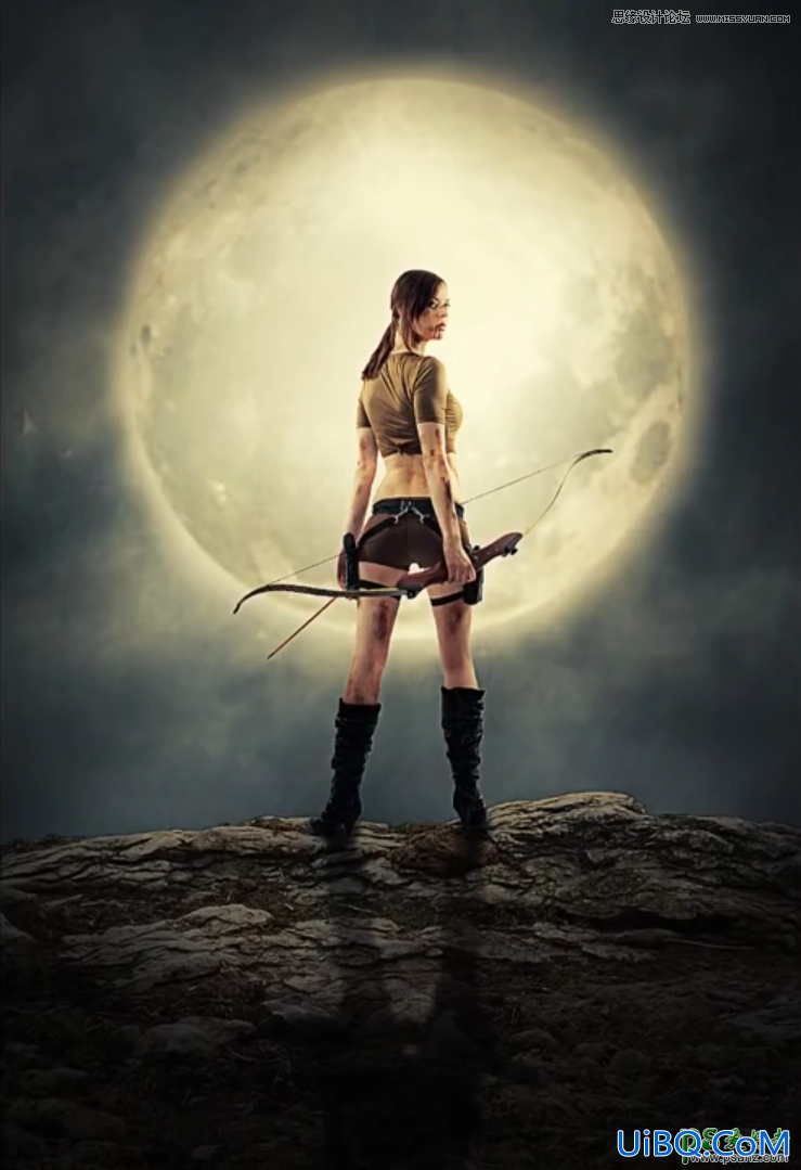 PS创意合成超级月亮前拿着弓箭的女战士场景效果图