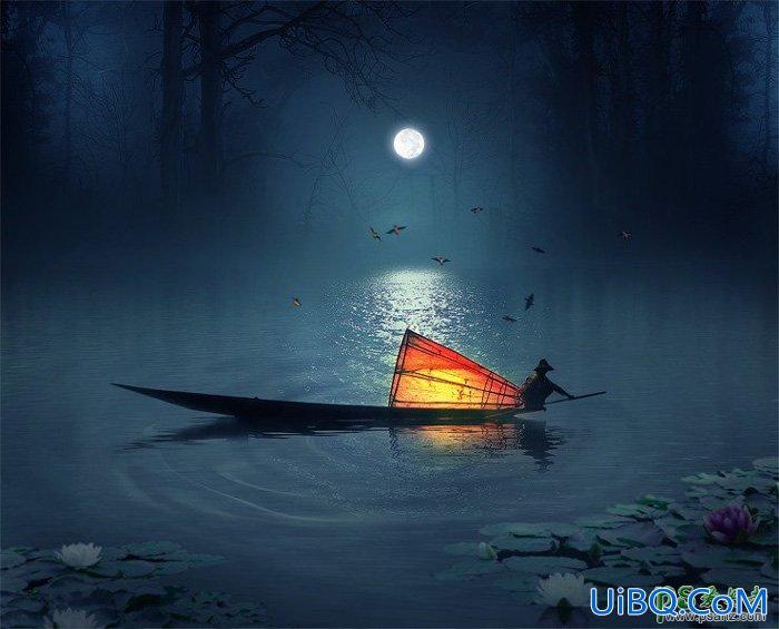 PS合成月色中江面上渔船点着灯火划船的唯美意境场景图片