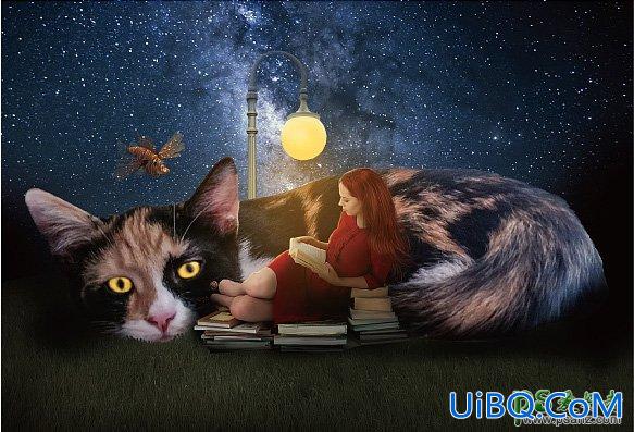 PS合成梦幻星空下大猫与娇宠宝贝少女躺着读书的场景