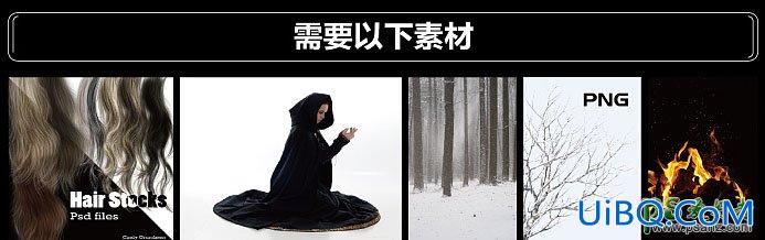 PS合成冬日树林中正在施法的魔法师，下雪树林中的女法师