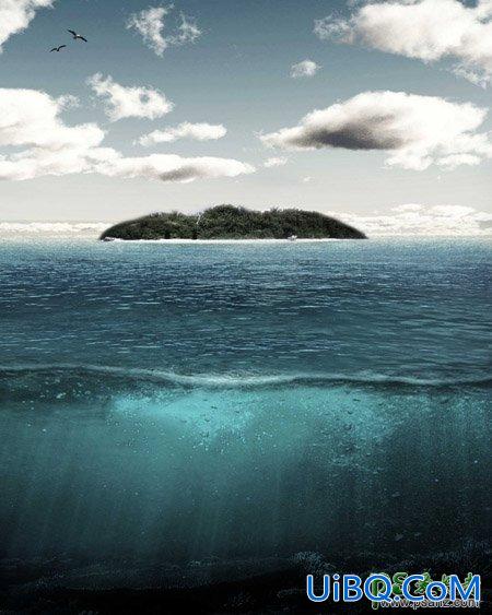PS合成漂浮在海面上空的岛屿，大树及一些鸟类装饰场景