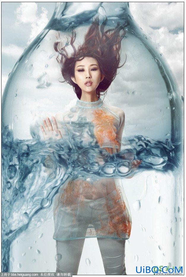 PS创意合成玻璃水瓶中的美少女人像艺术照片，水瓶中的美