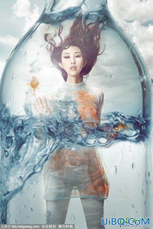 PS创意合成玻璃水瓶中的美少女人像艺术照片，水瓶中的美