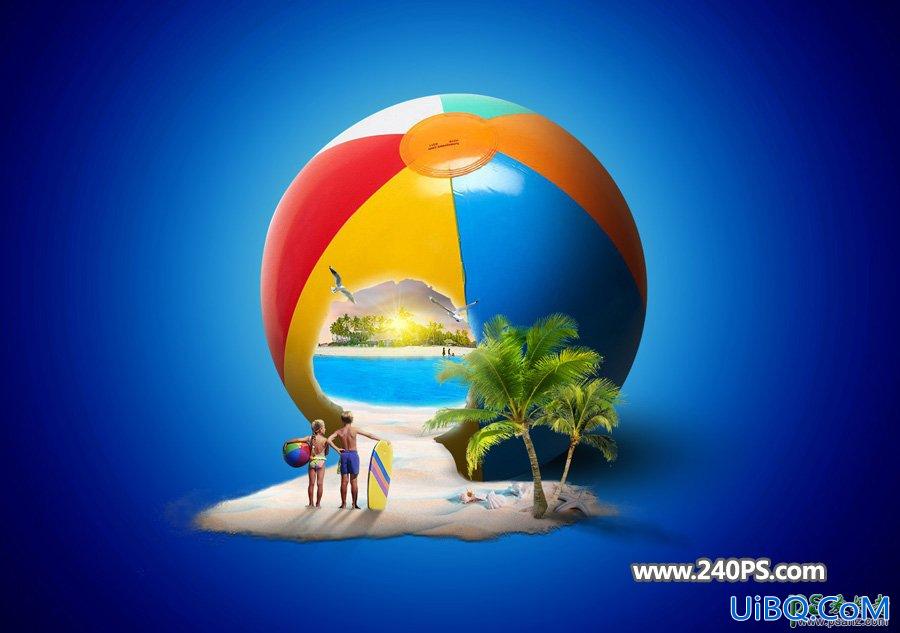 PS创意合成沙滩球中的景观世界，彩色球体中的精彩世界。