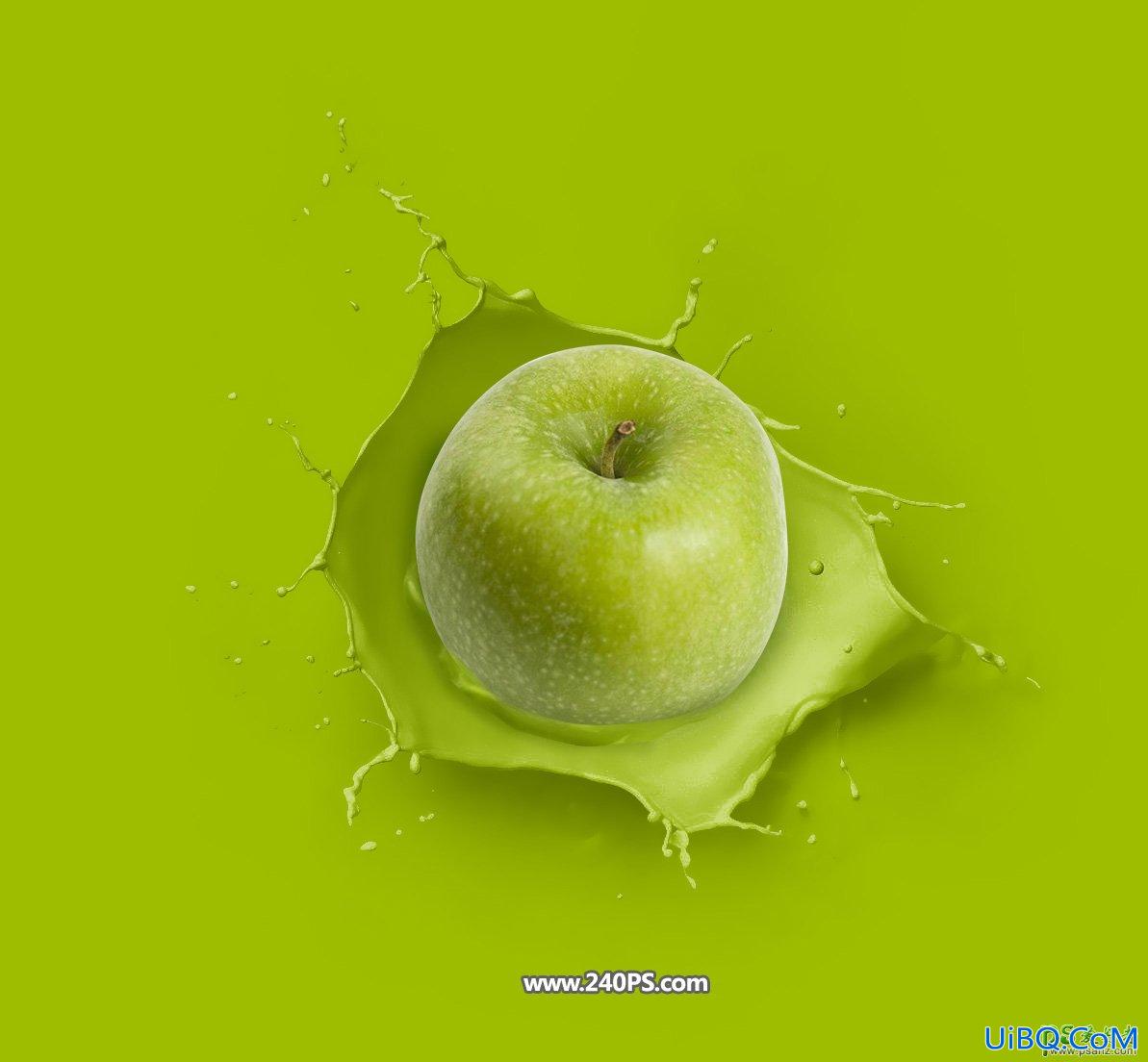 PS创意合成坠入绿色油漆中的青苹果，苹果掉入绿色液体瞬