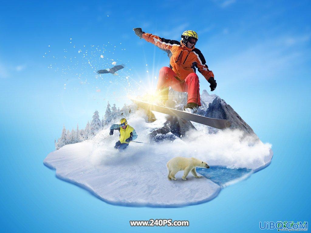 PS创意合成腾云驾雾般的冬季滑雪场景特效图片。