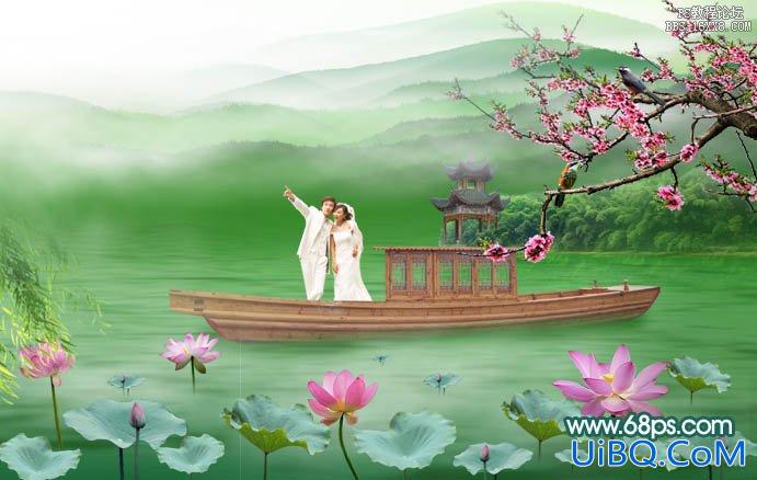 ps湖景婚片处理教程