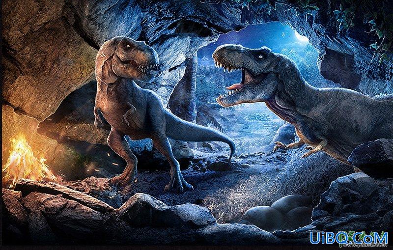 PS创意合成侏罗纪公园主题海报，山洞中的凶猛恐龙场景。