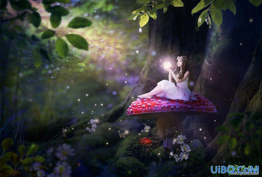 PS创意合密林仙境中的天使少女，坐在蘑菇上的魔法精灵少