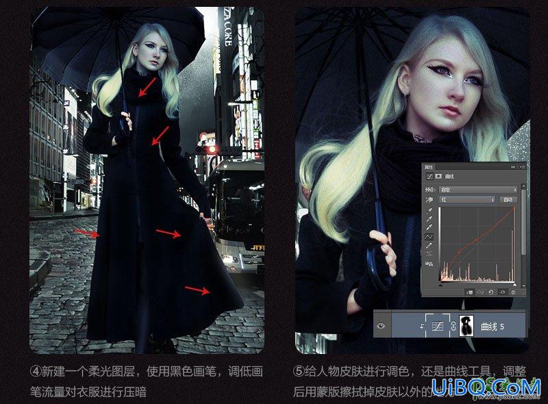 PS合成雨夜中街上行走的恐怖少女，雨中的黑丝金发美女。