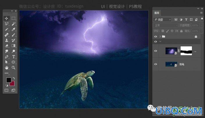 PS合成深夜中海龟畅游星空的场景特效图，海龟的夜游旅行
