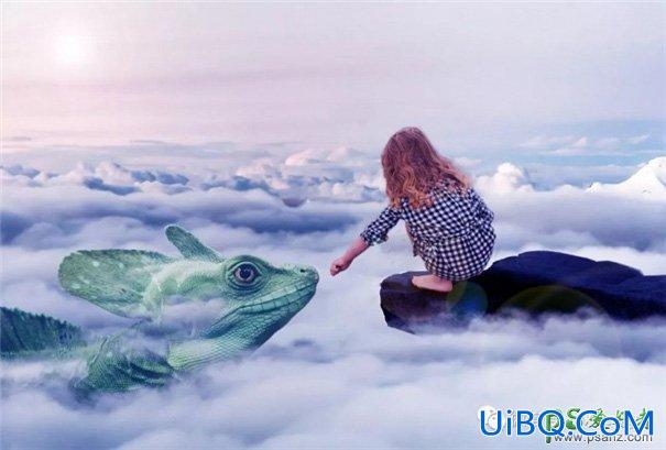 PS合成在天空云端上召唤史前巨蜥的小女孩儿场景