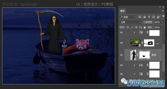 PS合成戏剧化风格的骷髅人像，骷髅人渡船的场景。