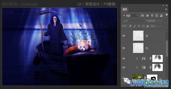 PS合成戏剧化风格的骷髅人像，骷髅人渡船的场景。