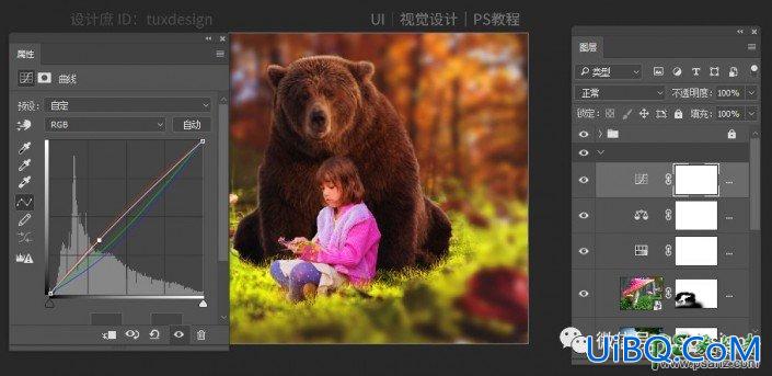 PS创意合成一头黑熊在森林里与小女孩儿一起看书的场景。