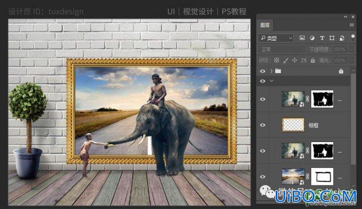 PS合成一头大象从画框中走出来的场景，从壁画中走向现实