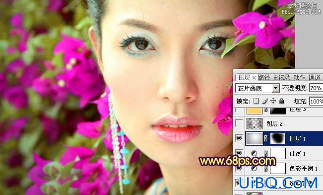 ps处理特写人物图片柔和的紫黄色