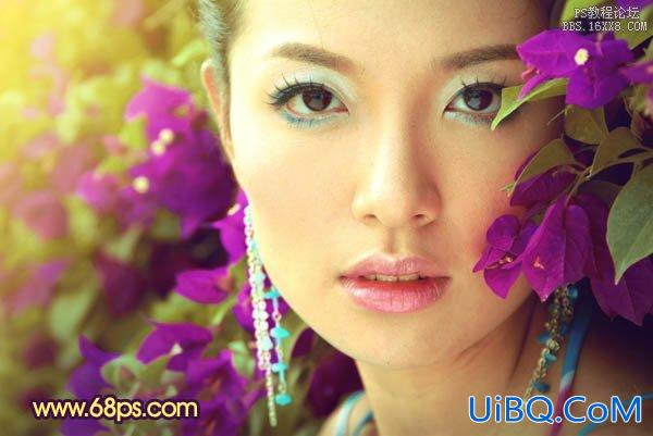 ps处理特写人物图片柔和的紫黄色