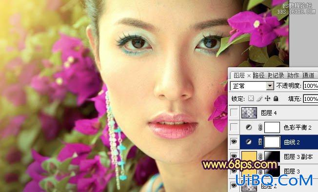 ps处理特写人物图片柔和的紫黄色