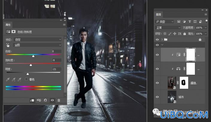 Photoshop场景合成：利用抠图、图层调整把人像合成到城市夜景中。