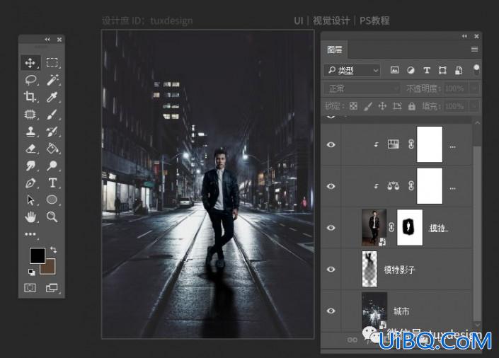 Photoshop场景合成：利用抠图、图层调整把人像合成到城市夜景中。