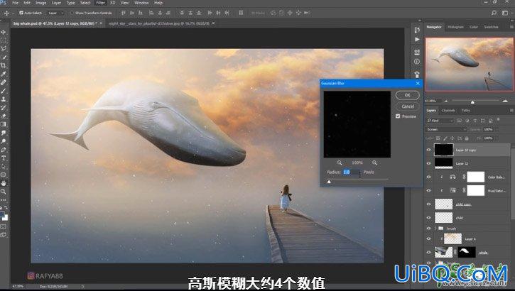PS创意合成一个小女孩儿在天空的阶梯上遇见飞翔的鲸鱼场