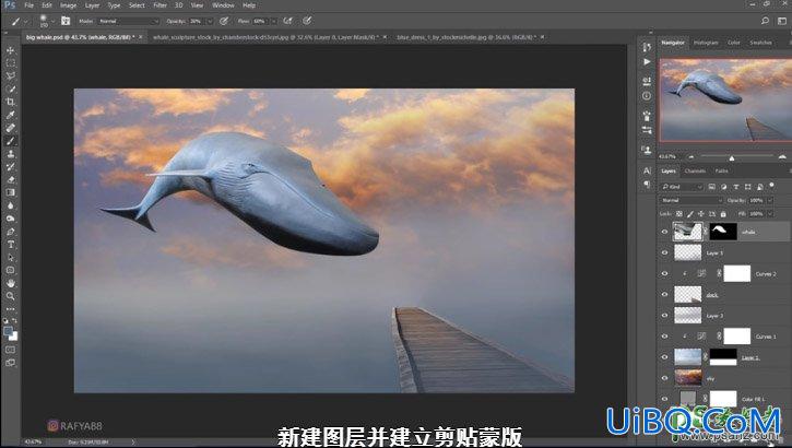 PS创意合成一个小女孩儿在天空的阶梯上遇见飞翔的鲸鱼场