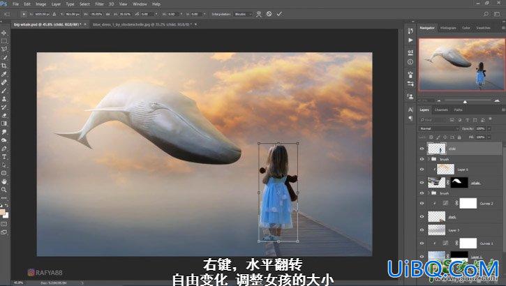 PS创意合成一个小女孩儿在天空的阶梯上遇见飞翔的鲸鱼场