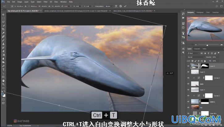 PS创意合成一个小女孩儿在天空的阶梯上遇见飞翔的鲸鱼场