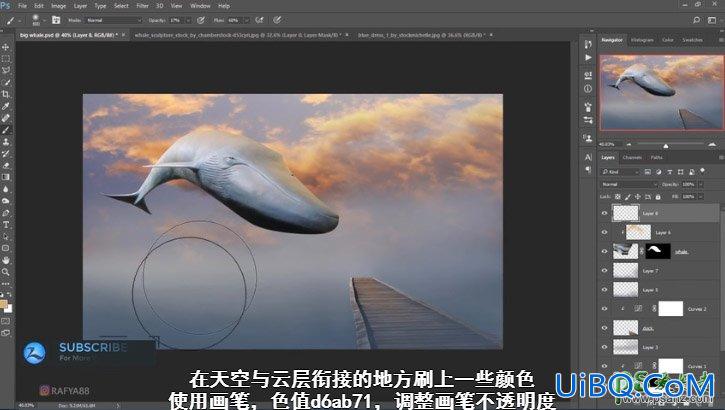 PS创意合成一个小女孩儿在天空的阶梯上遇见飞翔的鲸鱼场