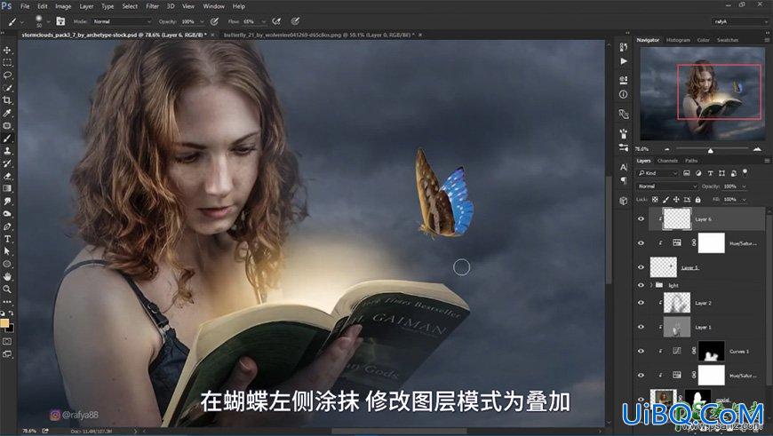 PS合成黑暗夜空中天使少女正在读书的梦幻场景，秘境女孩