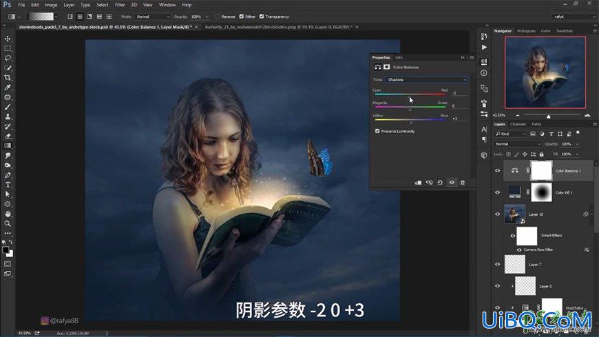PS合成黑暗夜空中天使少女正在读书的梦幻场景，秘境女孩
