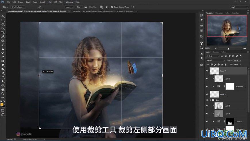 PS合成黑暗夜空中天使少女正在读书的梦幻场景，秘境女孩
