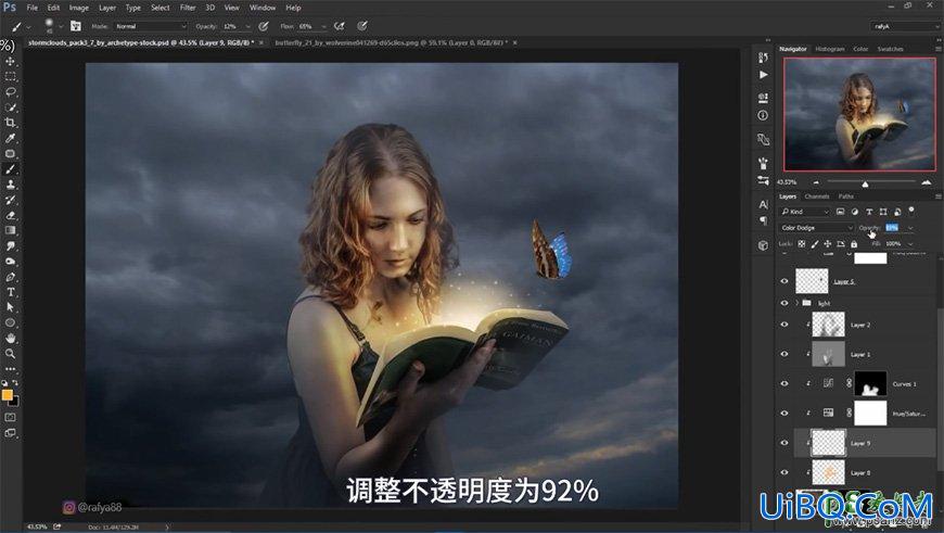 PS合成黑暗夜空中天使少女正在读书的梦幻场景，秘境女孩