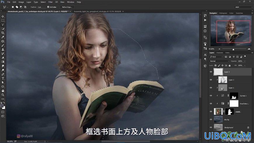 PS合成黑暗夜空中天使少女正在读书的梦幻场景，秘境女孩