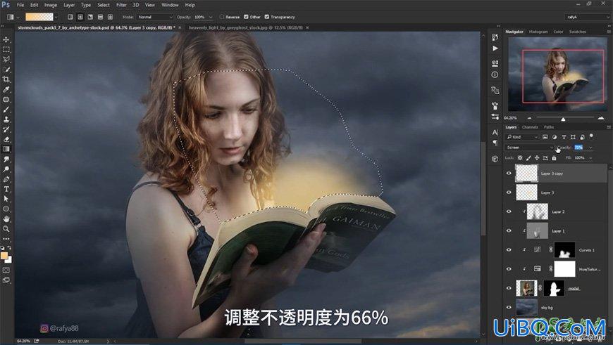 PS合成黑暗夜空中天使少女正在读书的梦幻场景，秘境女孩
