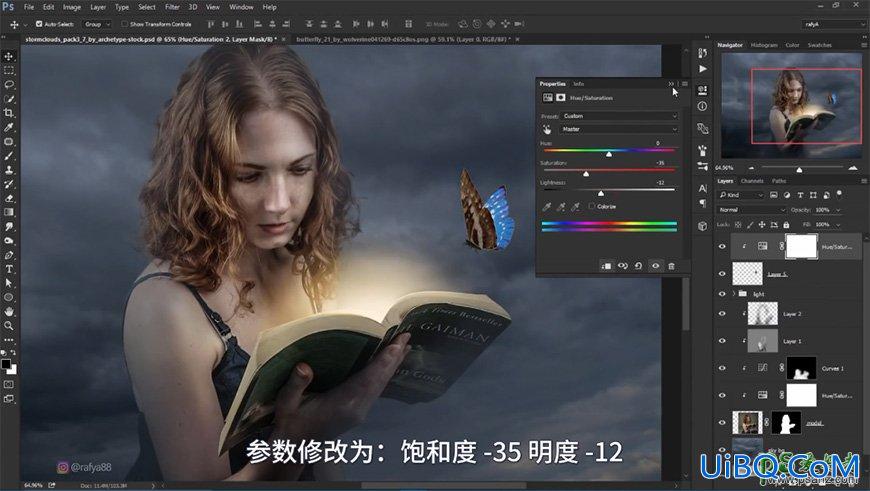 PS合成黑暗夜空中天使少女正在读书的梦幻场景，秘境女孩