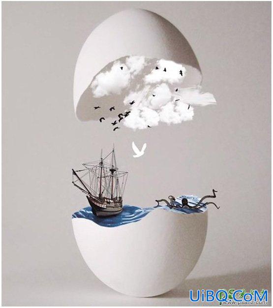 PS创意合成蛋壳中的海洋场景，海盗船冒险场景图片。