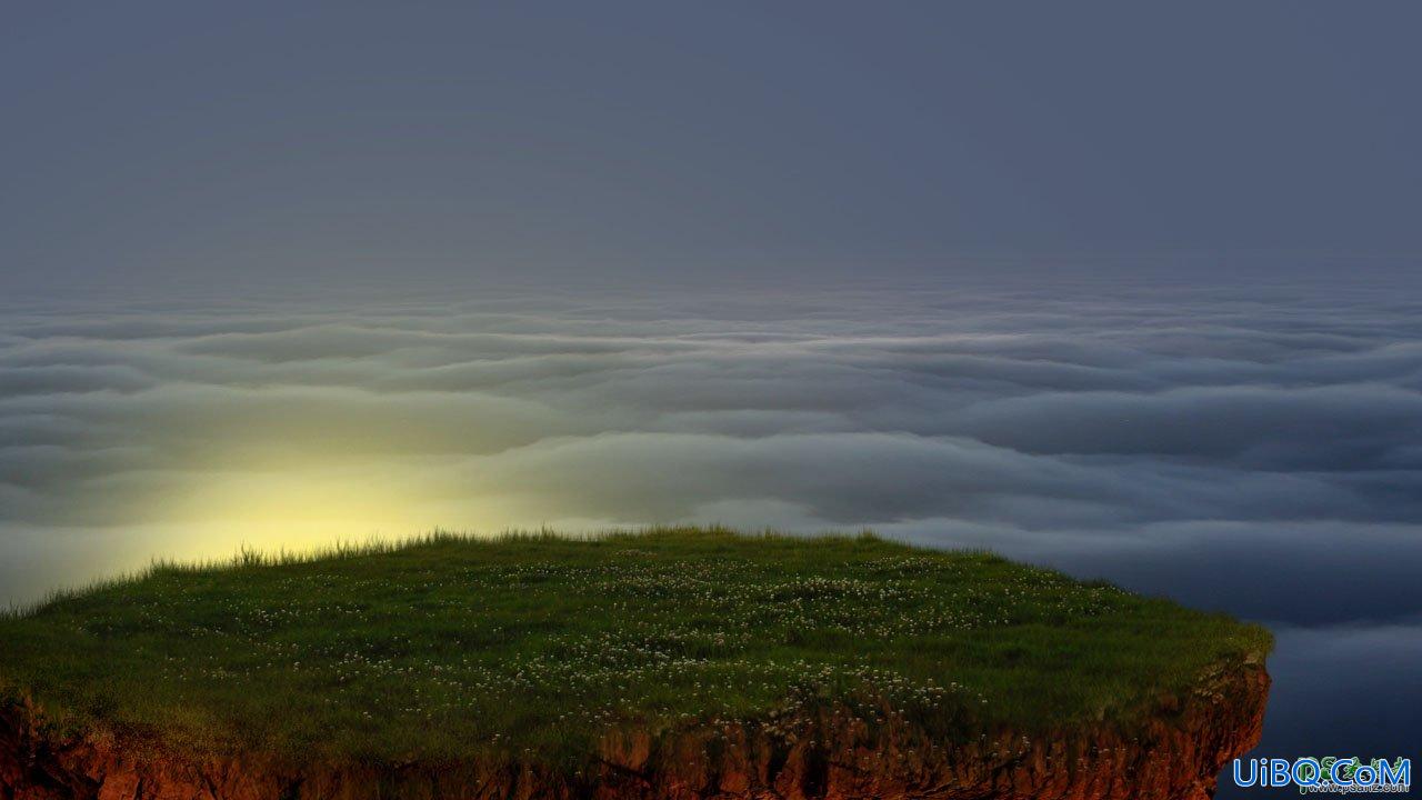 PS创意合成漂浮在云层上的绿色小岛，云端上的木屋场景。