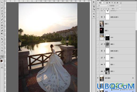 Photoshop影楼后期调色教程：给外景河边拍摄的婚片少女调出夕阳暖色调。