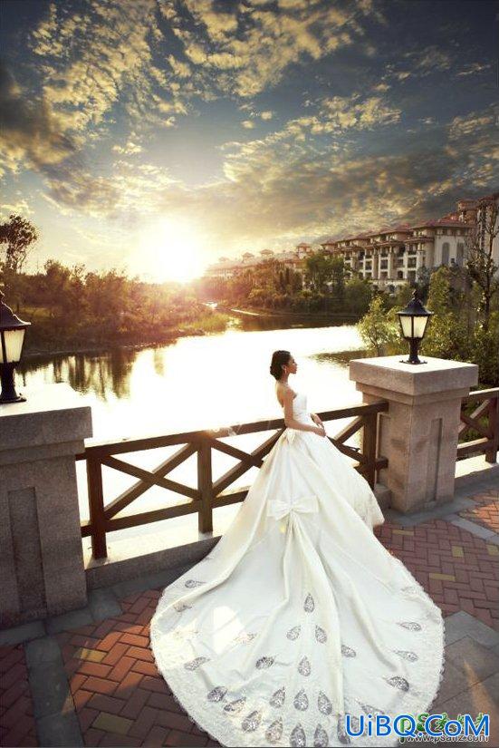Photoshop影楼后期调色教程：给外景河边拍摄的婚片少女调出夕阳暖色调。