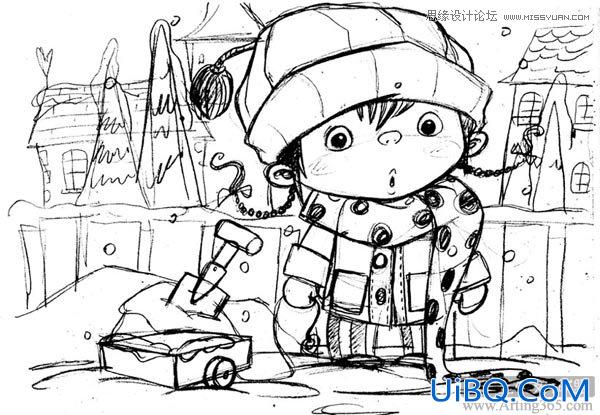 ps绘制可爱的雪地里的小女孩儿童插画