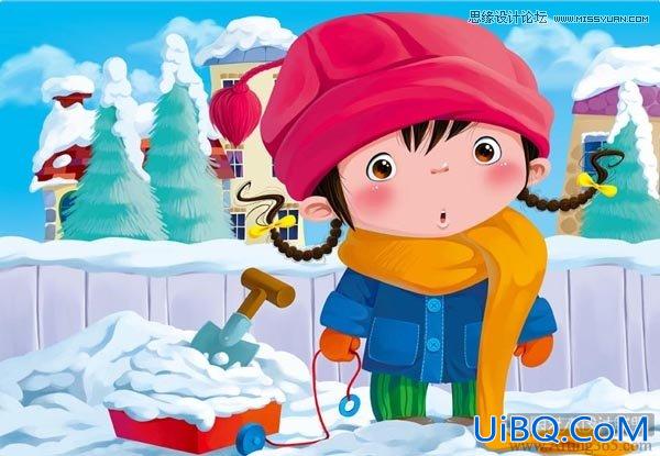 ps绘制可爱的雪地里的小女孩儿童插画