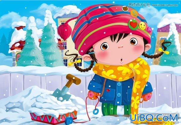 ps绘制可爱的雪地里的小女孩儿童插画