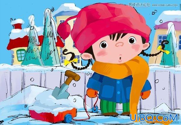 ps绘制可爱的雪地里的小女孩儿童插画